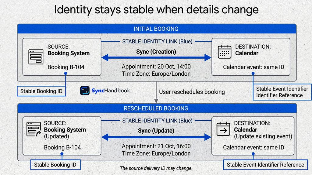 One booking keeps the same Calendar event ID across creation and rescheduling while notification IDs can change.