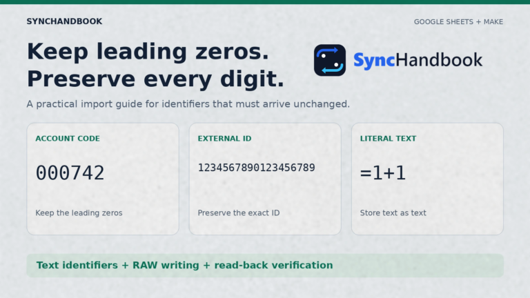 Google Sheets removing leading zeros in Make: preserve account codes, long IDs, and literal text.